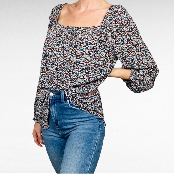 Ann Taylor | Floral Square Neck Long Sleeve Boho Chic Peasant Prairie Blouse - Picture 2 of 10